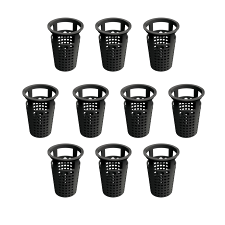 Ten black plastic basket strainers with perforated sides and handles for 2-inch drain applications.