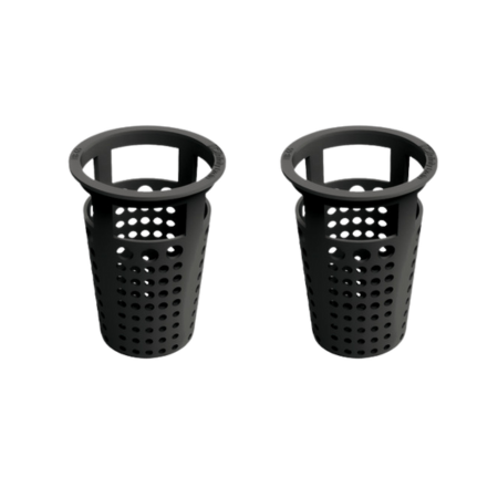 Two black cylindrical drain strainers with perforated sides and raised rim handles.