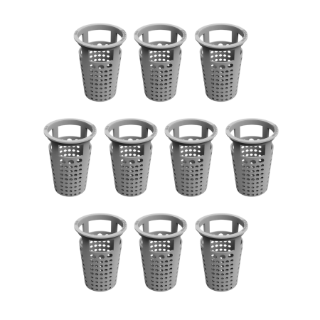 Ten gray cylindrical basket strainers with perforated sides and handle rims arranged in rows.