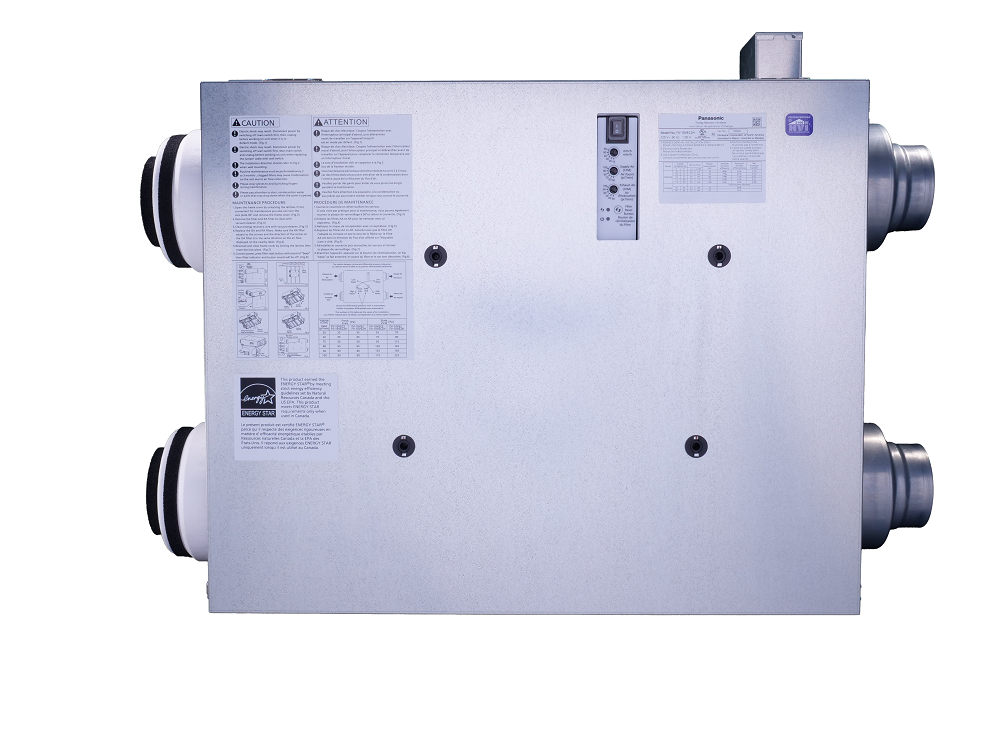 Panasonic energy recovery ventilator unit with four duct ports, control panel, and documentation labels on white rectangular 