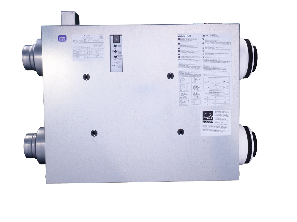 White rectangular Panasonic ERV unit with four metal duct connections, control panel, and instruction documentation mounted o