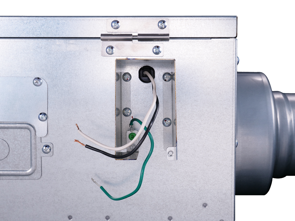 White metal ventilation unit interior showing electrical wiring connections and ductwork attachment point.