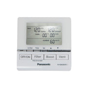 White rectangular wall control with LCD display showing ventilation readings, four buttons labeled OFF/ON, Filter, Boost, and