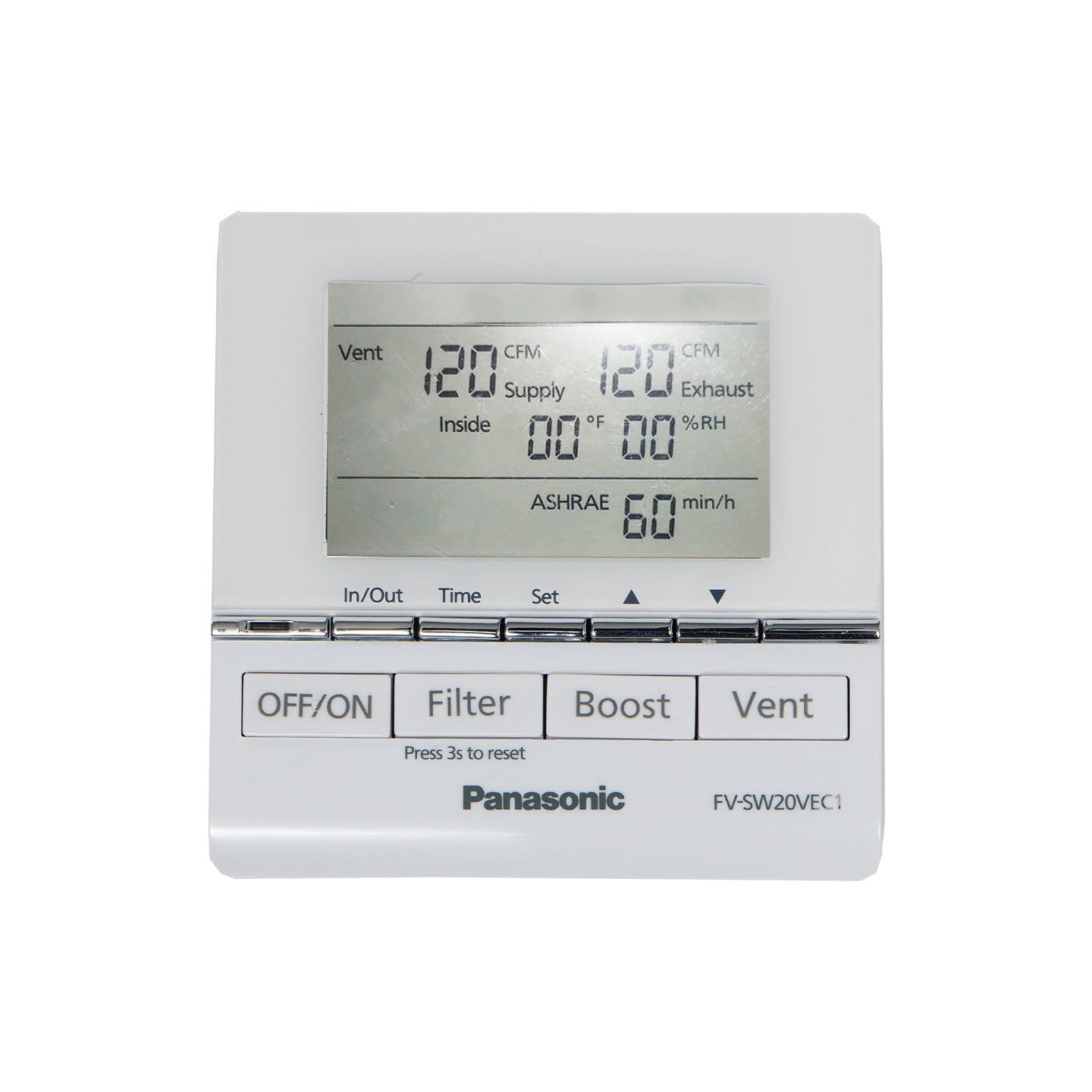 White rectangular wall control with LCD display showing ventilation readings, four buttons labeled OFF/ON, Filter, Boost, and