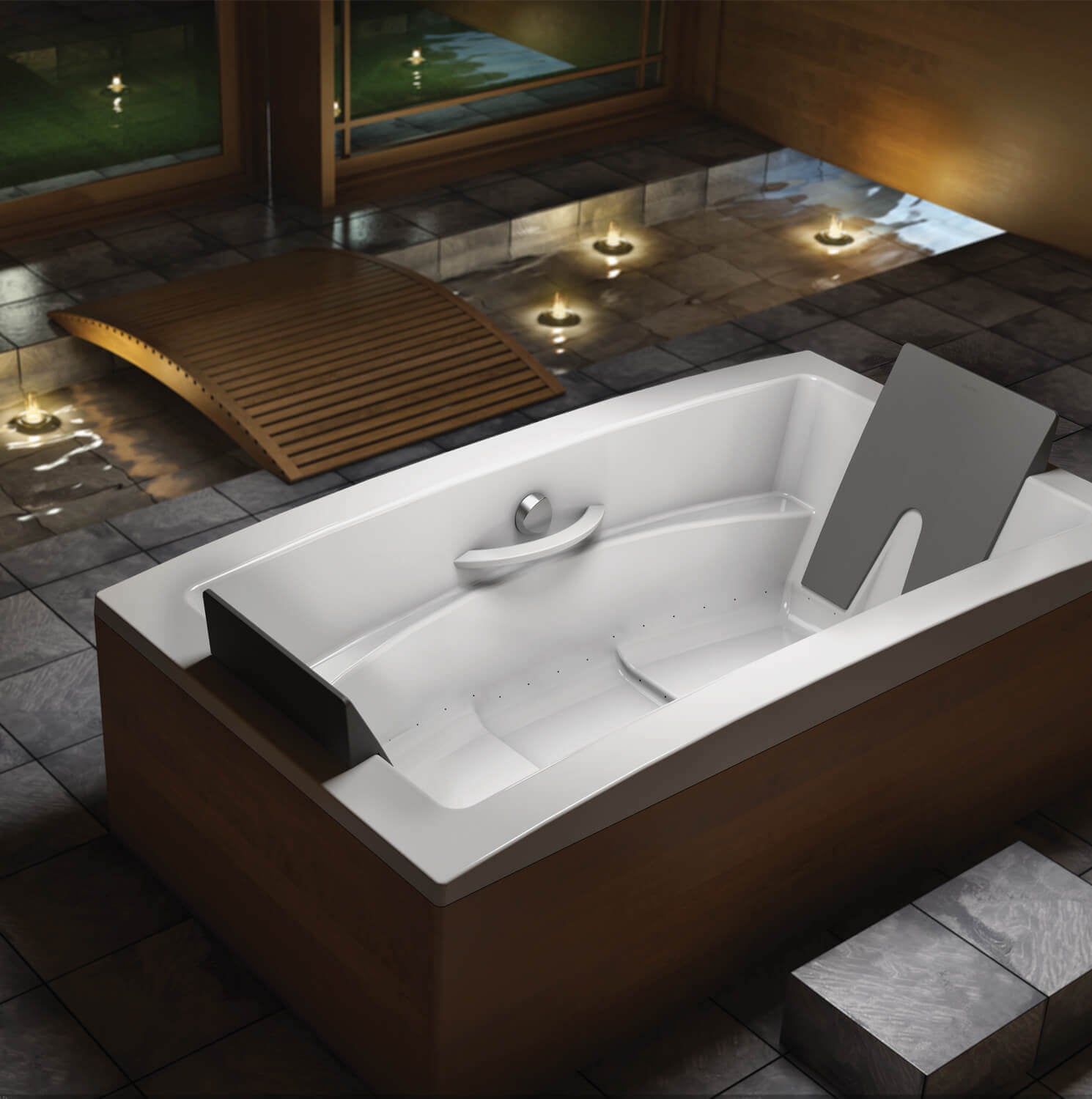67 Gallon 58 Jet Thermomassuer Bathtub with 1-1/2" Standard Deck 2 Raised Seats Heated Backrest Heated Headrest 4 Armrests and 2 Grab Bars in Biscuit - BINURD00T-02