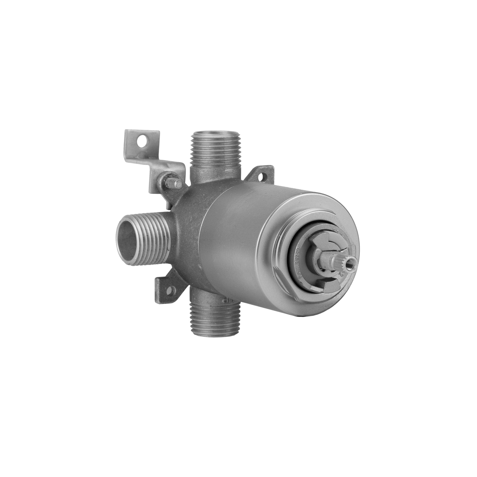 Metal pressure balance cycling valve with threaded inlet and outlet ports, central rotating cartridge, and mounting brackets.