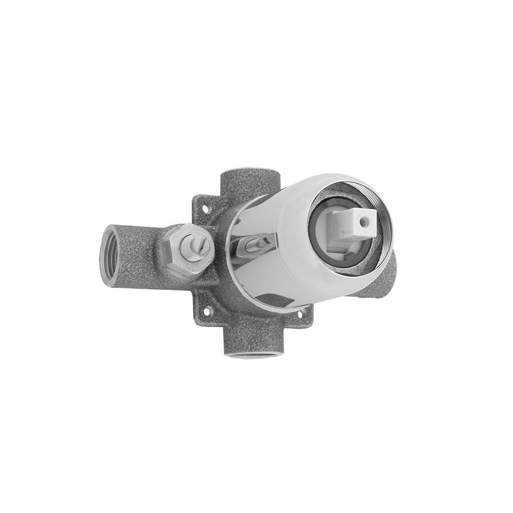 Jaclo pressure balance valve with chrome and gray metal body, threaded inlet and outlet ports, and internal adjustment mechan