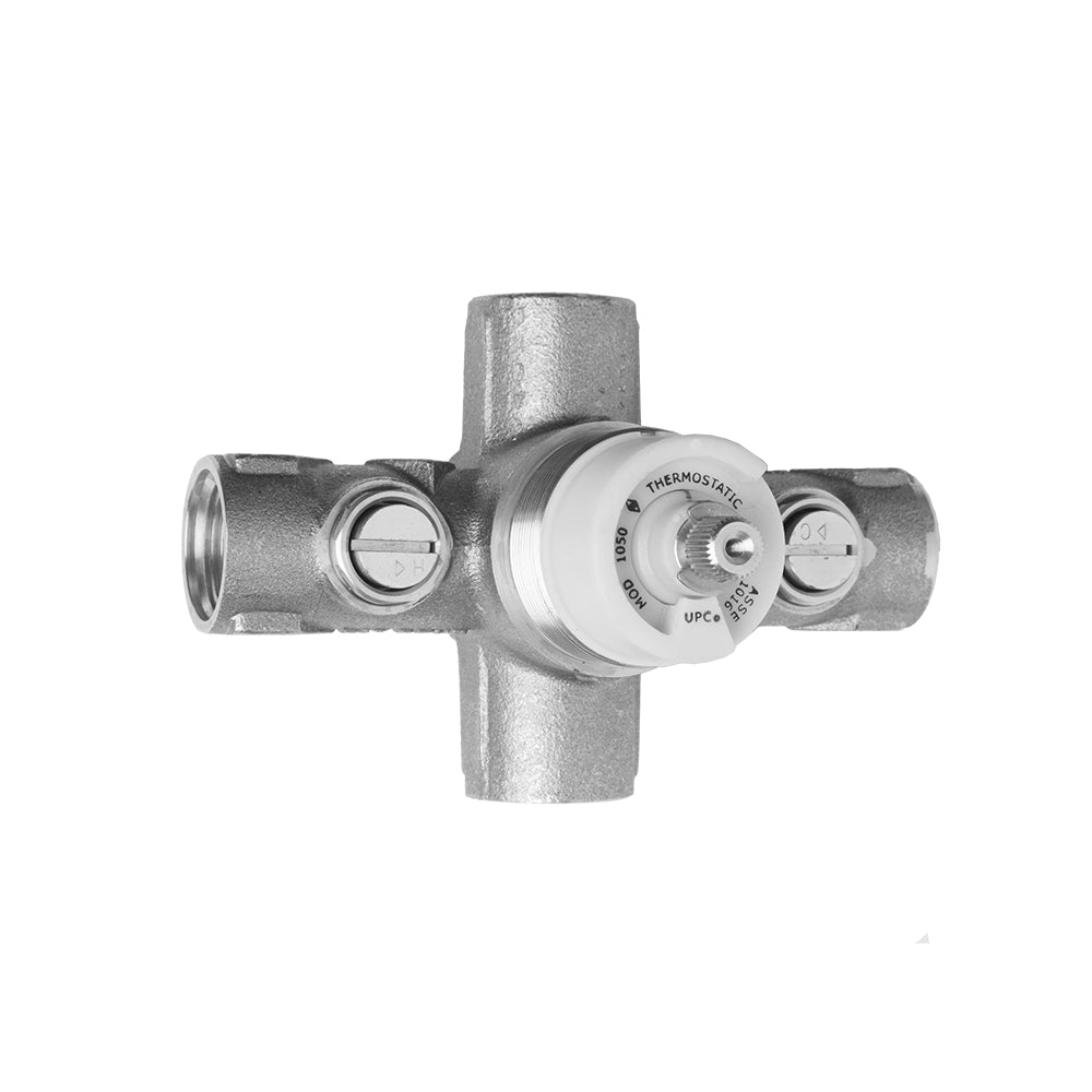 Jaclo 1/2" thermostatic valve with metal body, adjustment dial, and threaded inlet and outlet ports.