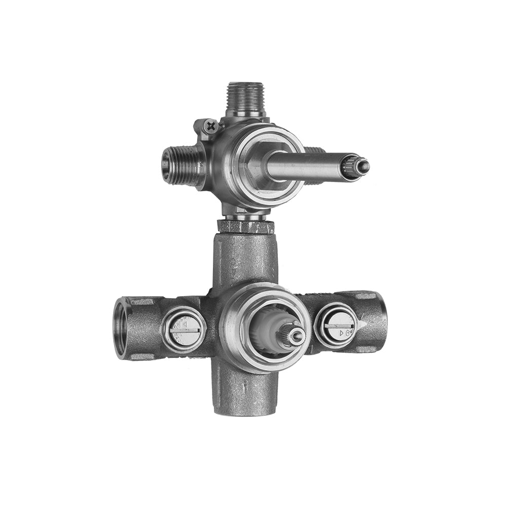 Chrome and metal thermostatic valve with horizontal lever handle and threaded inlet connection.