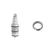 White thermostatic valve cartridge with metal stem and adjustment knob, shown with metal retaining ring.