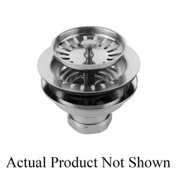 Satin nickel adjustable strainer with circular perforated basket and central post mechanism.