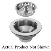 Satin nickel sink strainer with removable perforated basket, shown assembled and disassembled.