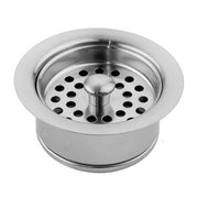 Satin nickel sink disposal flange with deep bowl and perforated strainer basket.