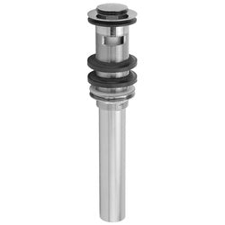 Polished chrome lavatory drain plug with finger touch mechanism and cylindrical metal body.