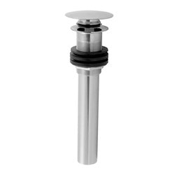 Polished chrome bathroom sink drain with finger touch pop-up mechanism and vertical pipe assembly.