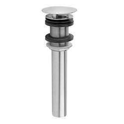 Satin nickel bathroom sink drain with cylindrical body and circular overflow cap.