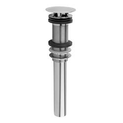 Polished chrome stationary lavatory drain with cylindrical body and circular overflow cap.