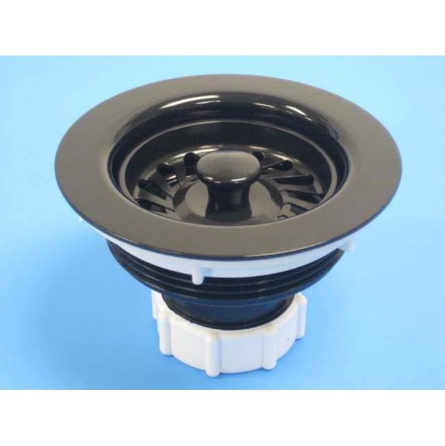 Black kitchen sink strainer with perforated basket and white threaded collar base against blue background.