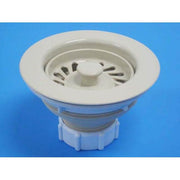 Biscuit-colored kitchen sink strainer with perforated basket and threaded collar base shown against blue background.