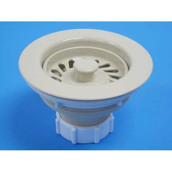 Biscuit-colored kitchen sink strainer with perforated basket and threaded collar base shown against blue background.