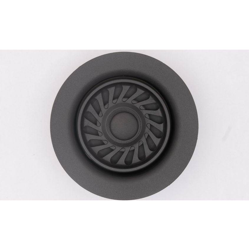Gray plastic kitchen sink strainer with radial slot pattern, viewed from above.