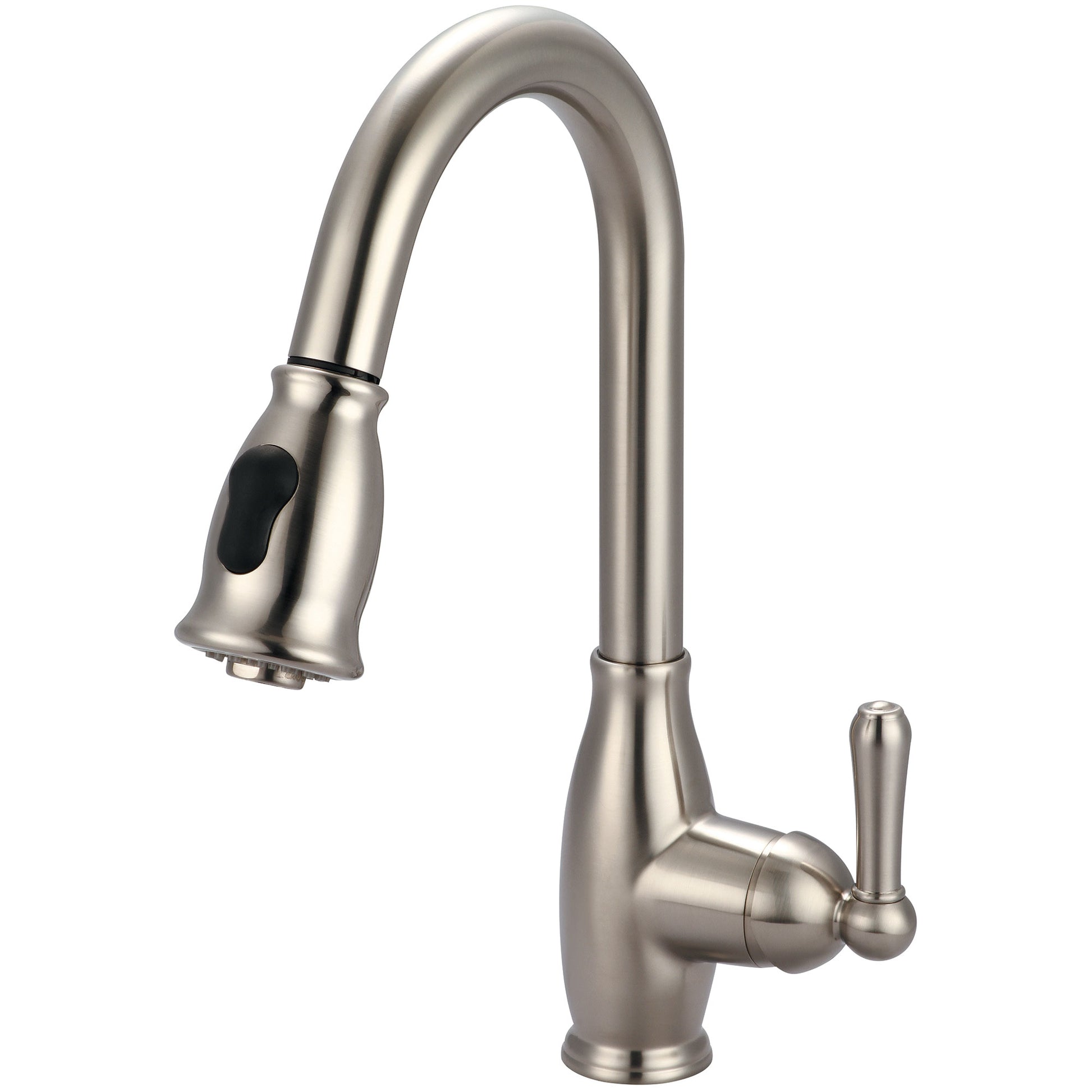 Brushed nickel gooseneck kitchen faucet with pull-down spray head and single lever handle.