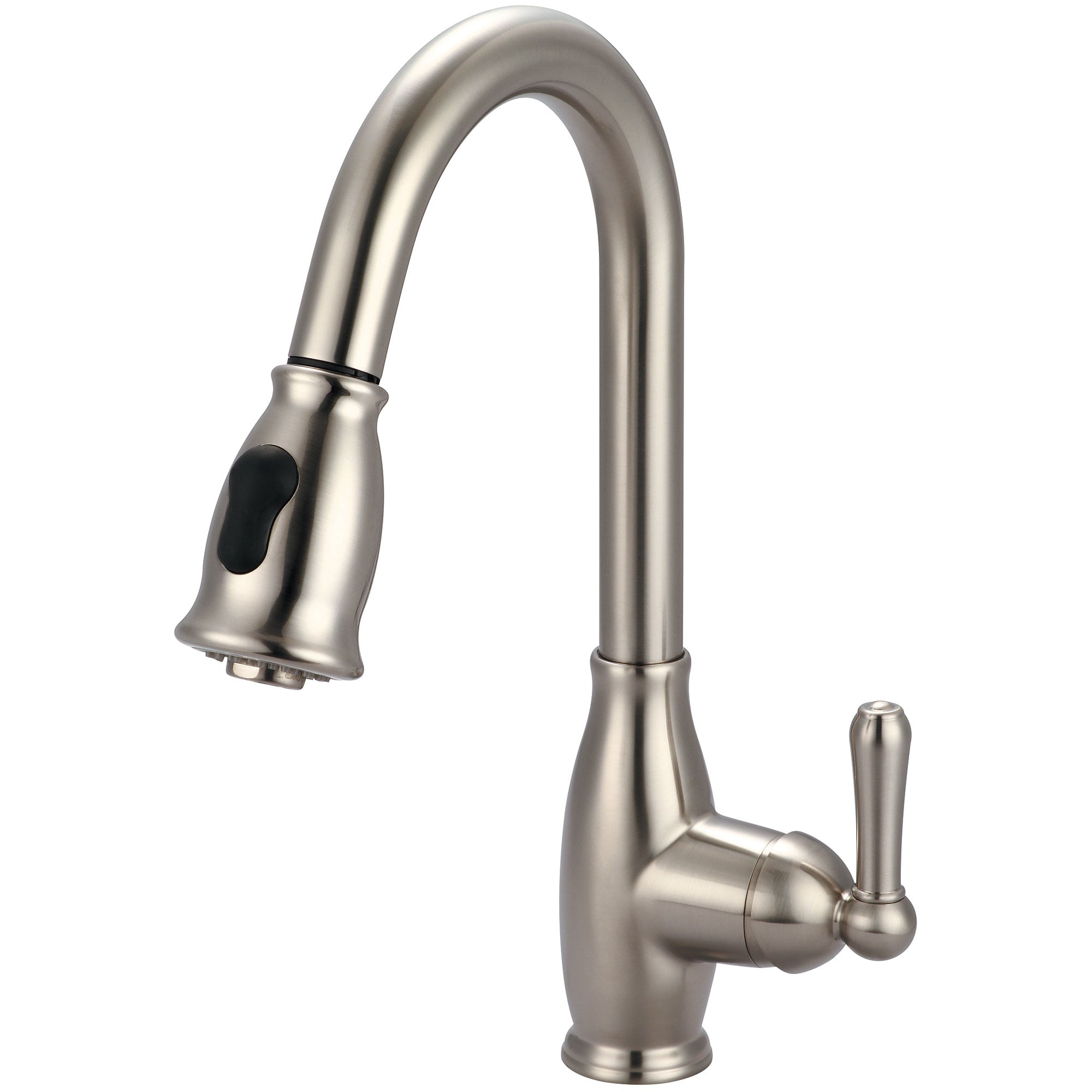 Brushed nickel gooseneck kitchen faucet with pull-down spray head and single lever handle.