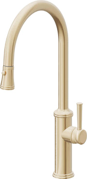 California Faucets Davoli Pull-Down Kitchen Faucet with Button Sprayer - High Arc Spout in Satin Brass - K10-100-48-SB