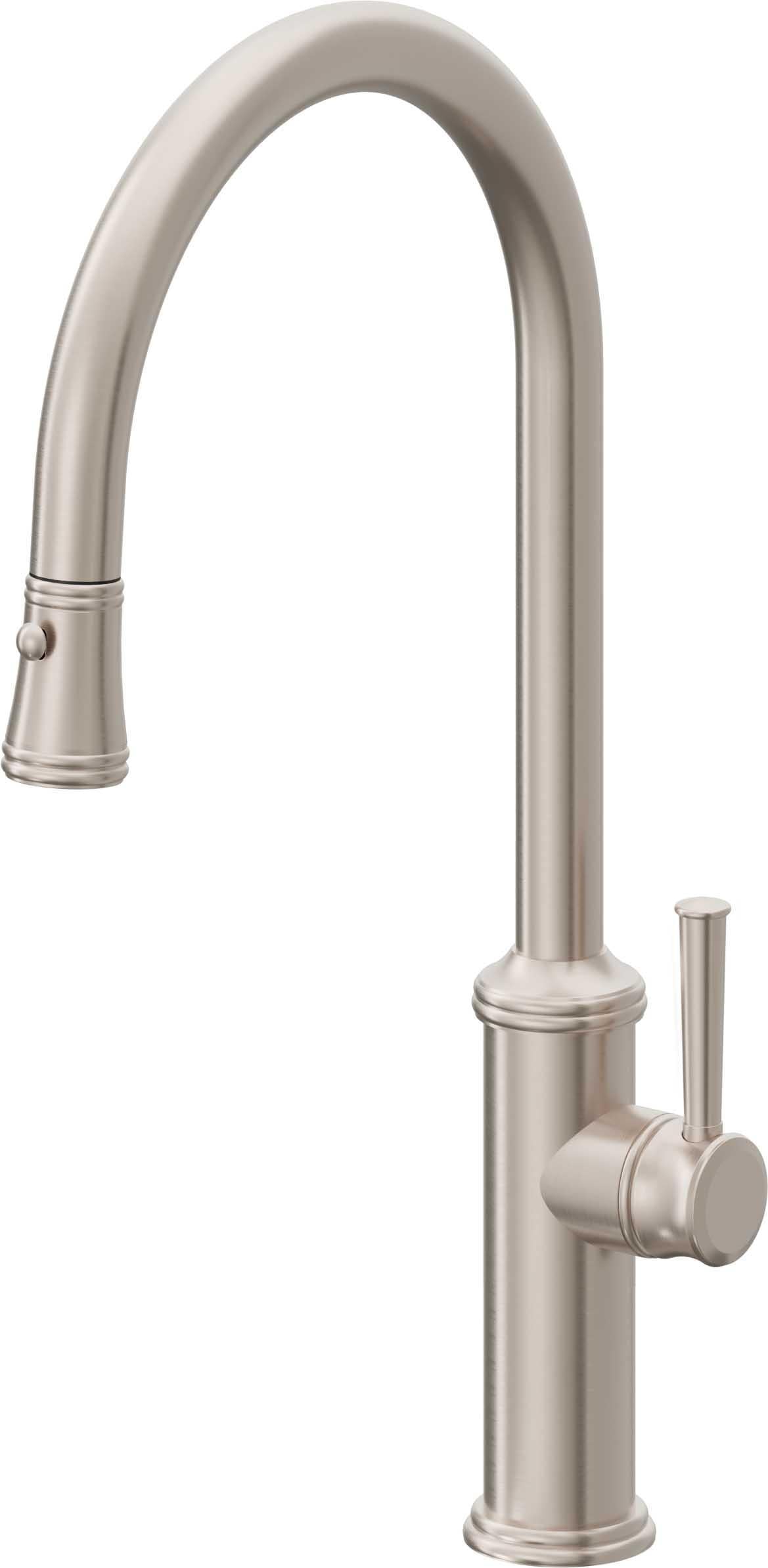 Satin nickel pull-down kitchen faucet with high arc spout and button sprayer control on handle.