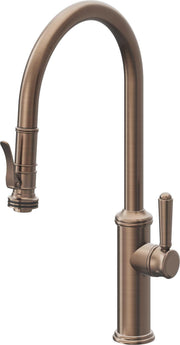 Satin bronze pull-down kitchen faucet with high arc spout, single lever handle, and separate spray head.