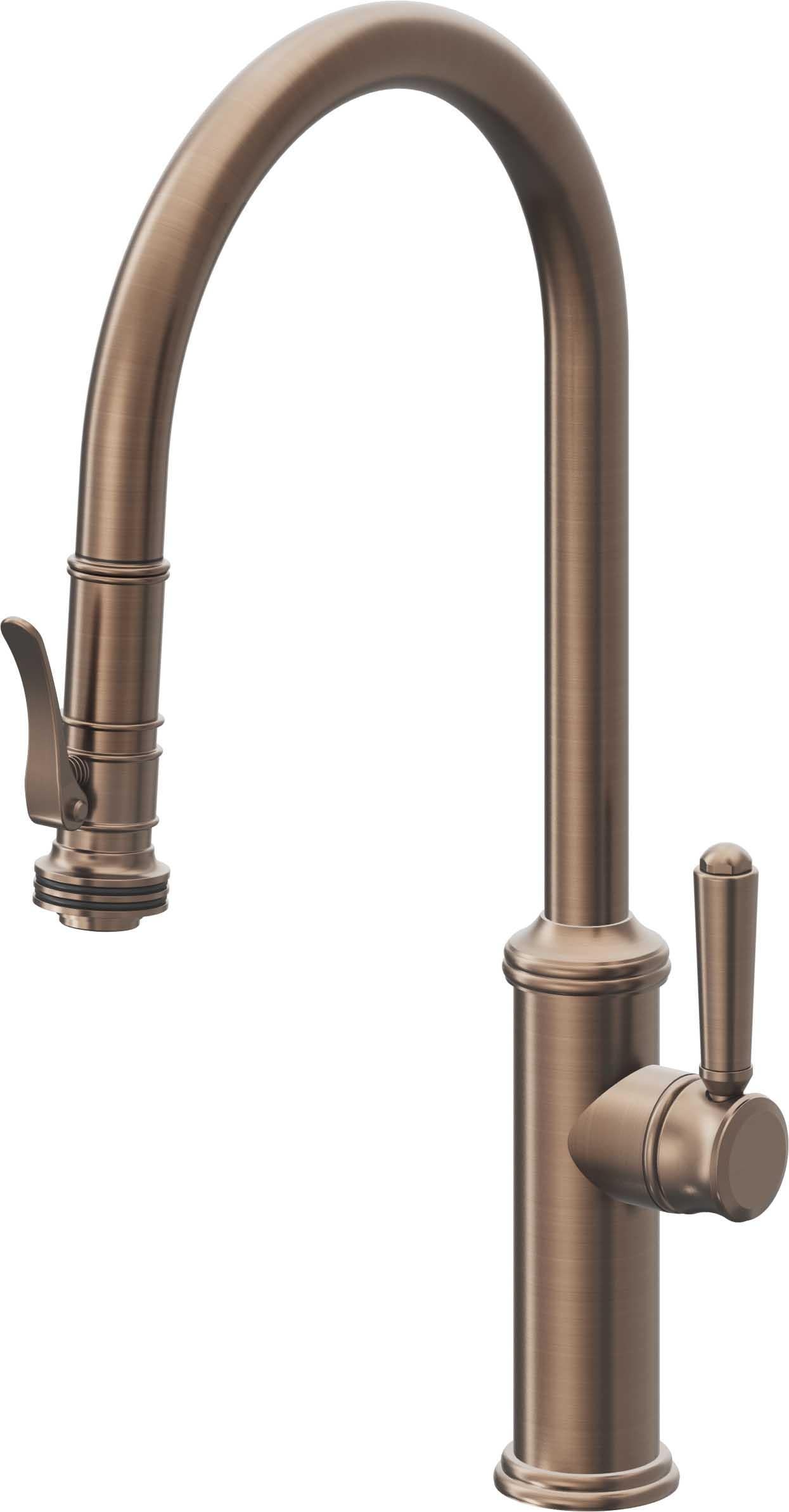 Satin bronze pull-down kitchen faucet with high arc spout, single lever handle, and separate spray head.