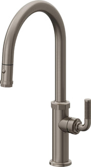 Graphite pull-down kitchen faucet with high arc spout, button sprayer trigger on flexible hose, and textured handle grip.