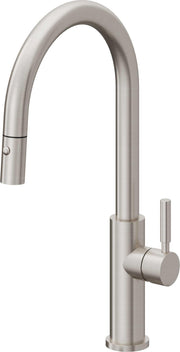 Stainless steel pull-down kitchen faucet with high arc spout, button sprayer, and single lever handle.