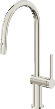Polished nickel pull-down kitchen faucet with high arc spout, single lever handle, and button sprayer on hose.
