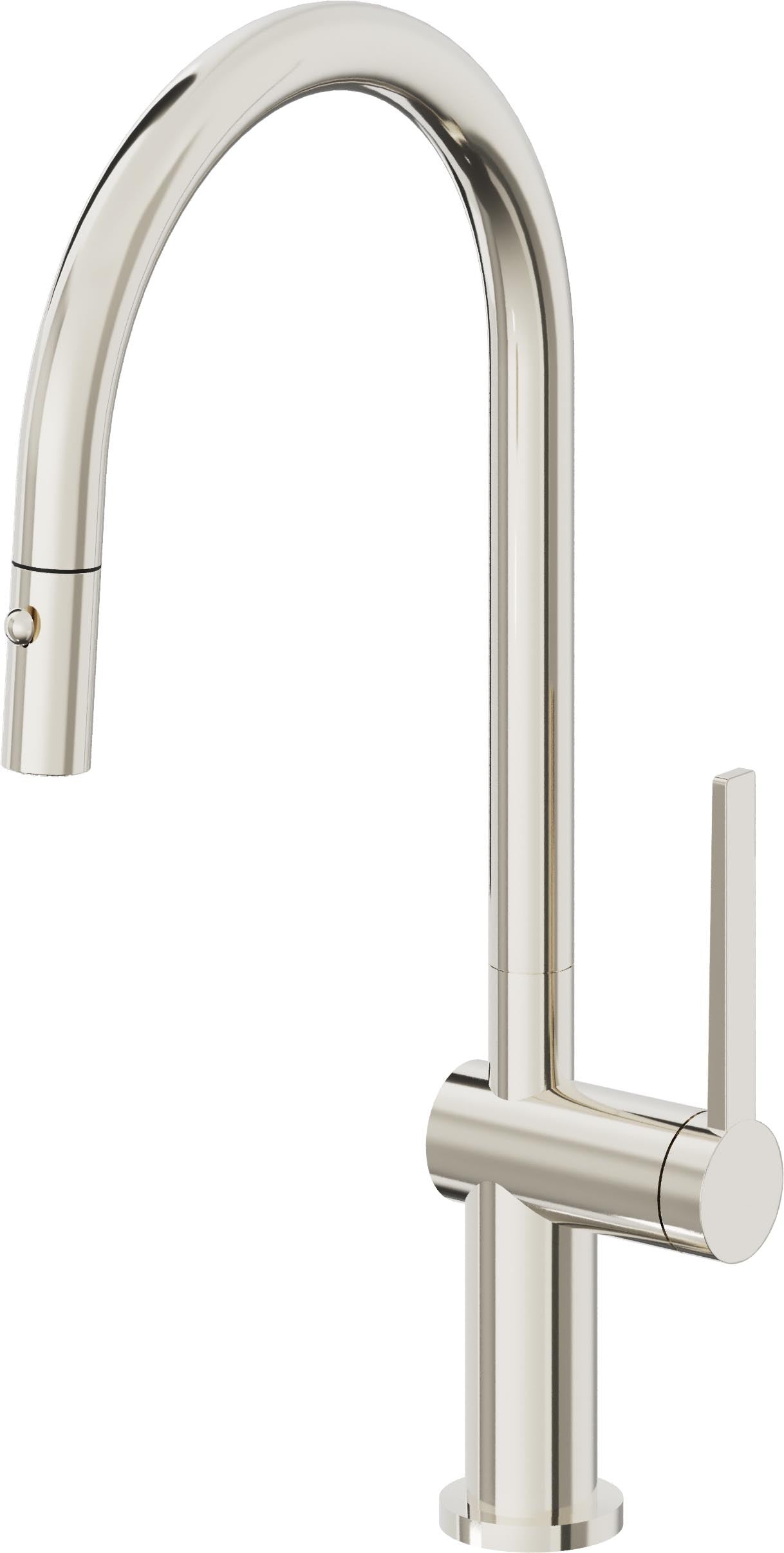 Polished nickel pull-down kitchen faucet with high arc spout, single lever handle, and button sprayer on hose.
