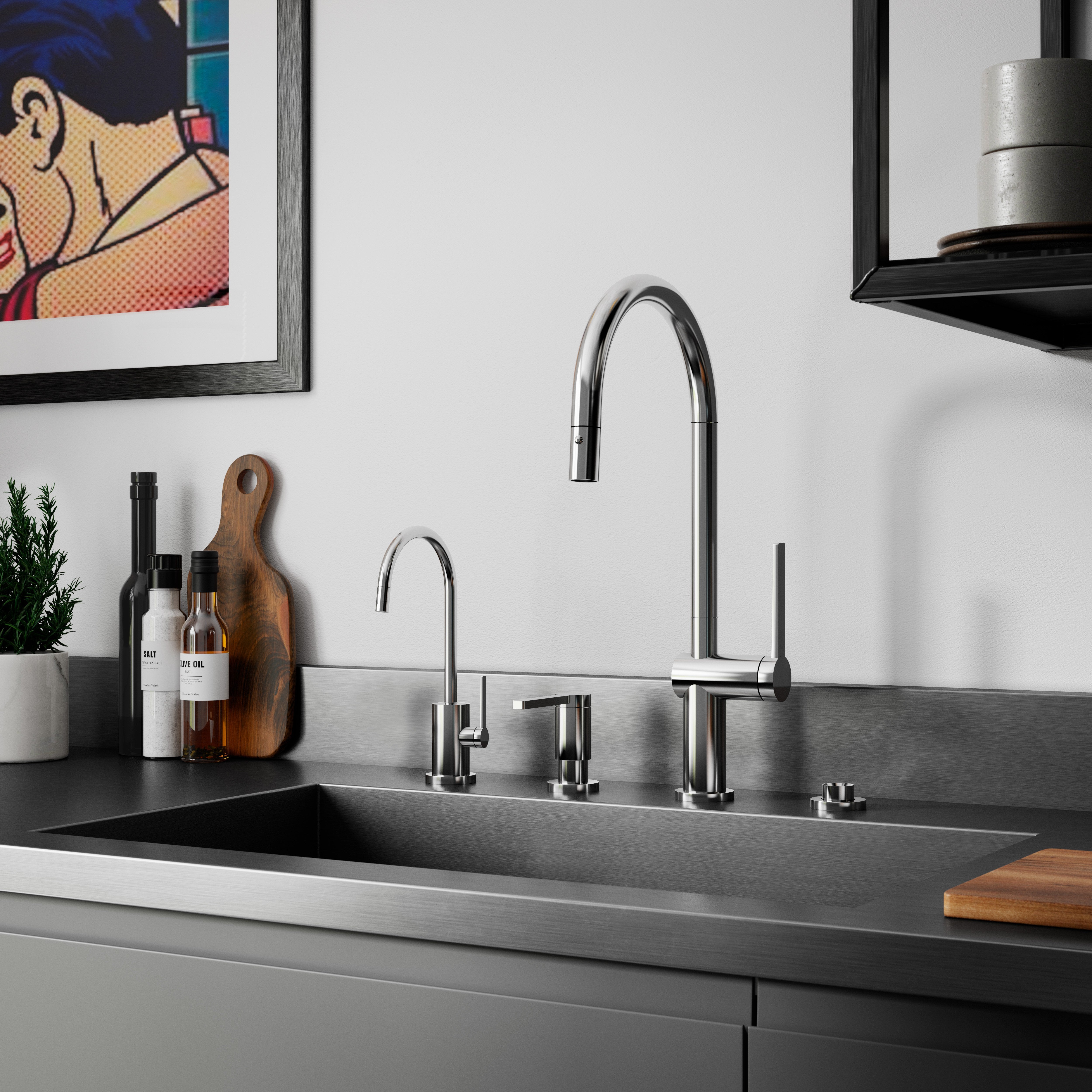 California Faucets La Spezia High Arc Pull-Down Kitchen Faucet with Button Sprayer in Matte Black - K55-100-TG-MBLK