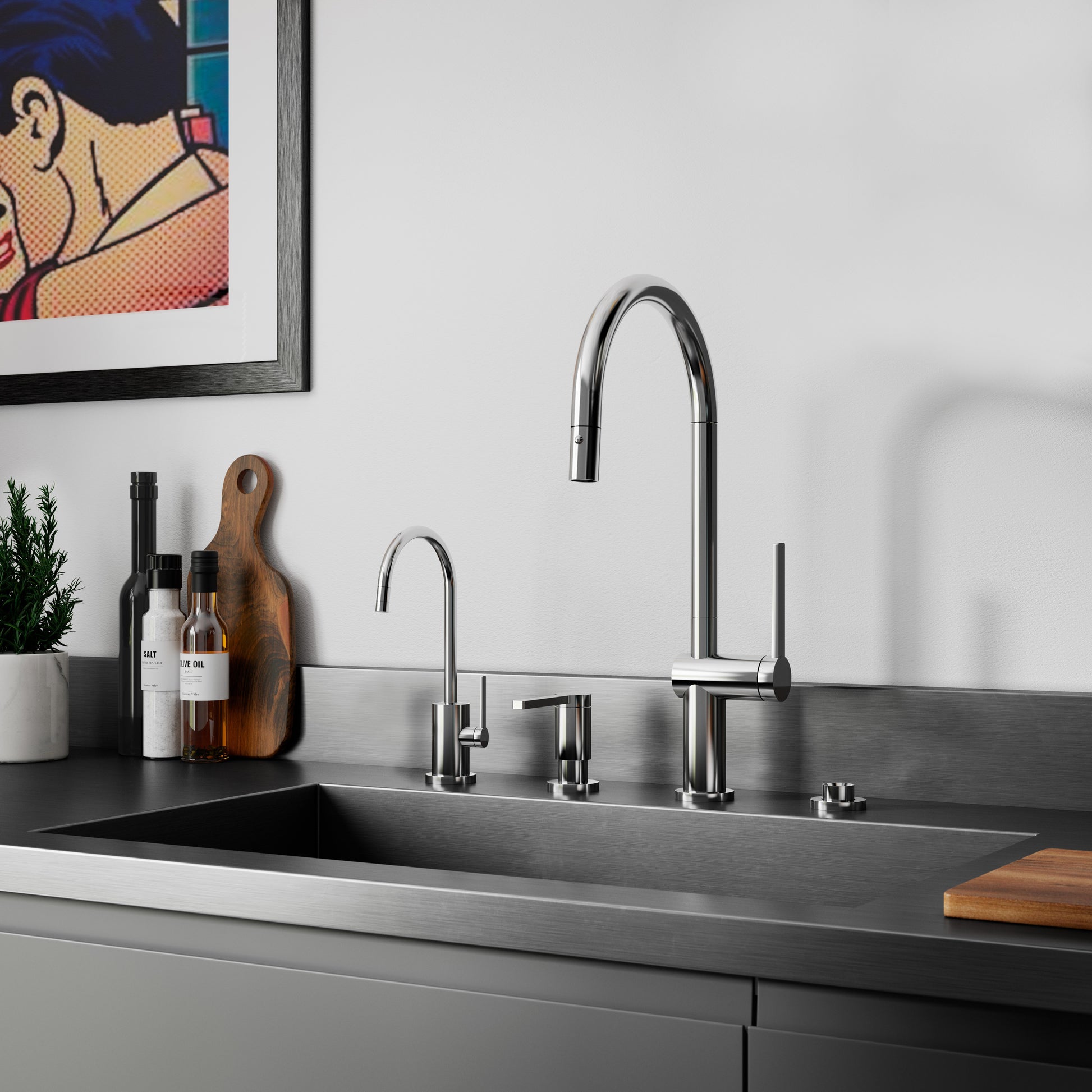 Black nickel pull-down kitchen faucet with high arc spout and button sprayer mounted on dark countertop sink.