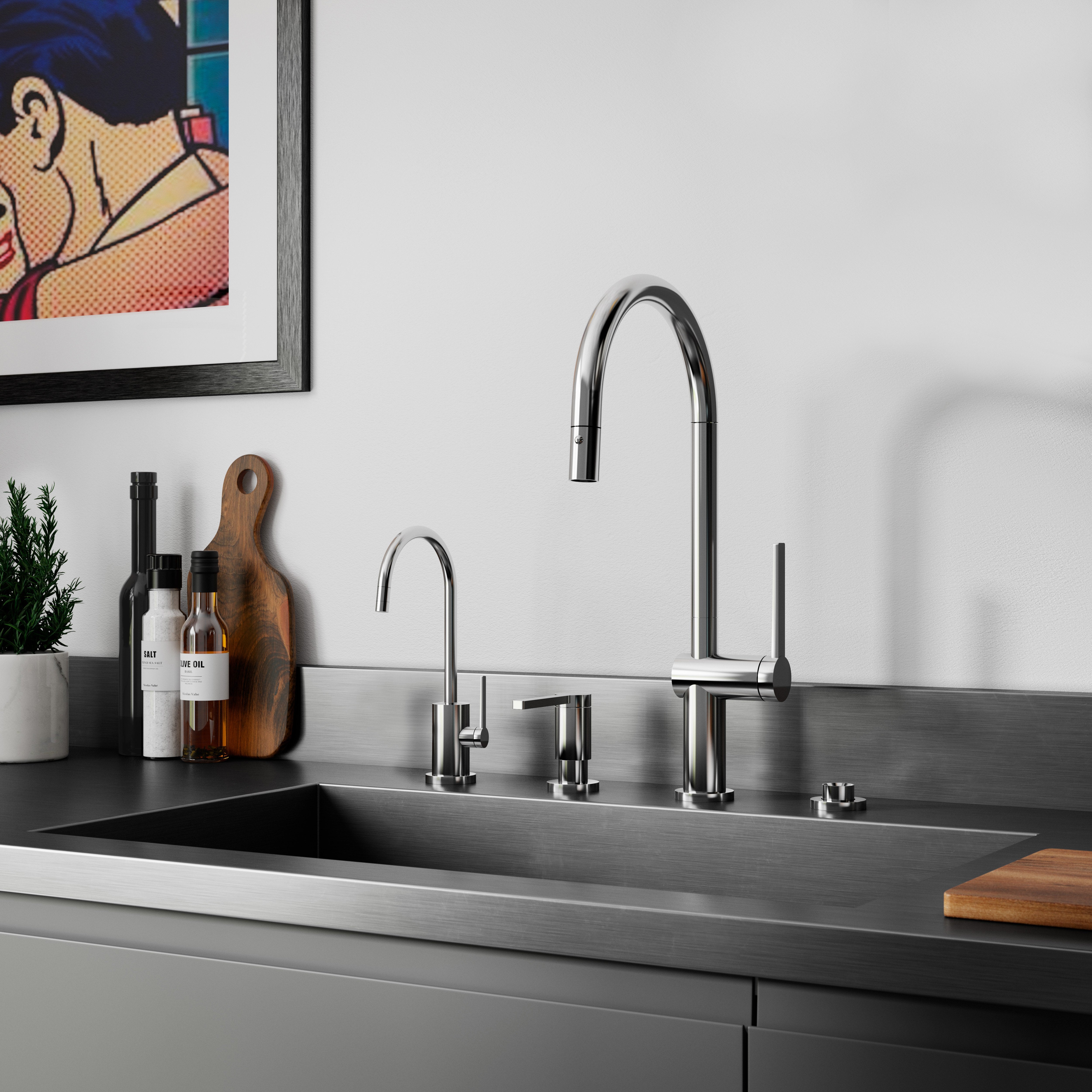 California Faucets La Spezia High Arc Pull-Down Kitchen Faucet with Button Sprayer in Polished Chrome - K55-100-TG-PC