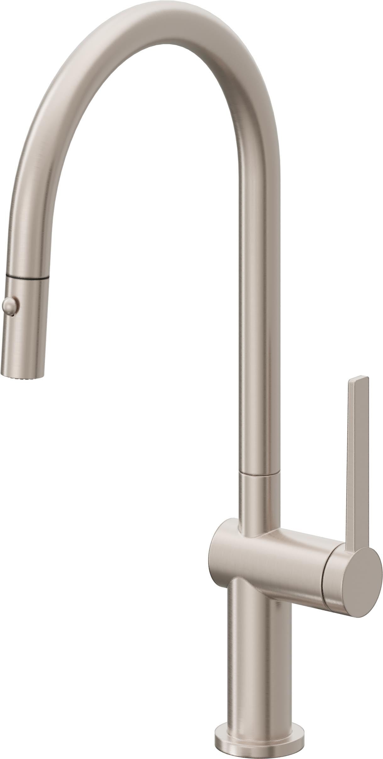 Black nickel pull-down kitchen faucet with high arc spout and single lever handle.