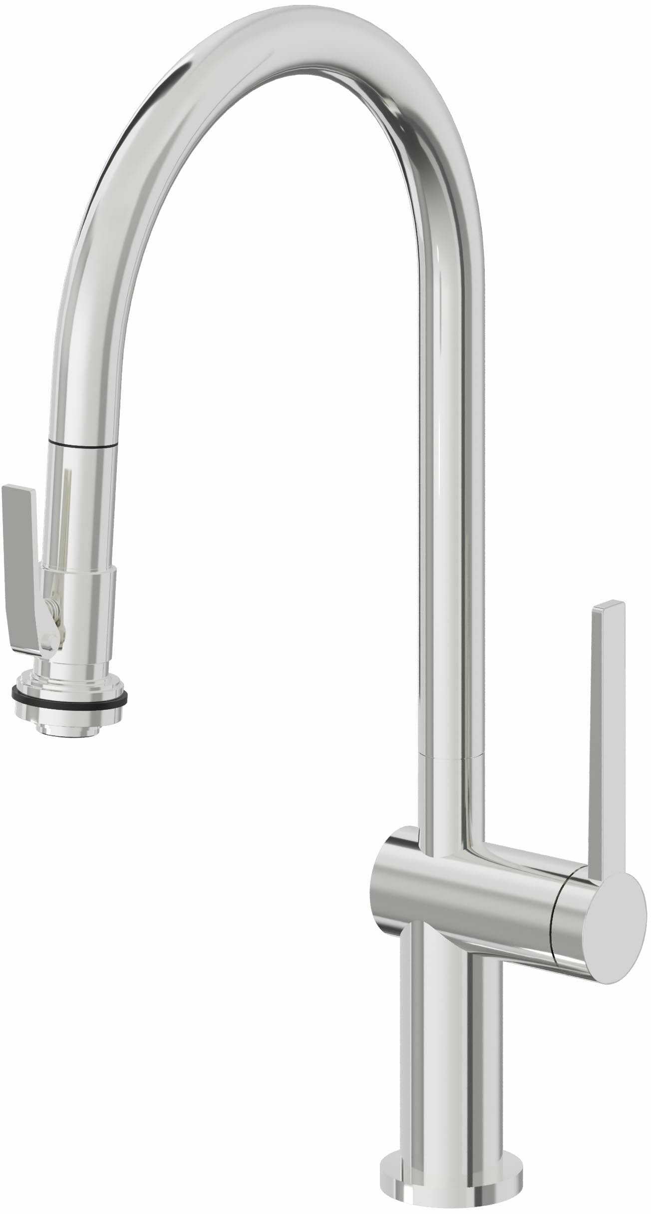 Polished chrome pull-down kitchen faucet with high arc spout, single handle, and squeeze sprayer on flexible hose.