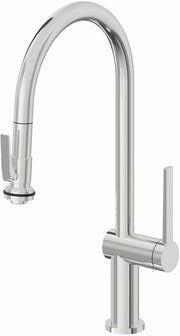 Polished chrome pull-down kitchen faucet with high arc spout, single handle, and squeeze sprayer on flexible hose.