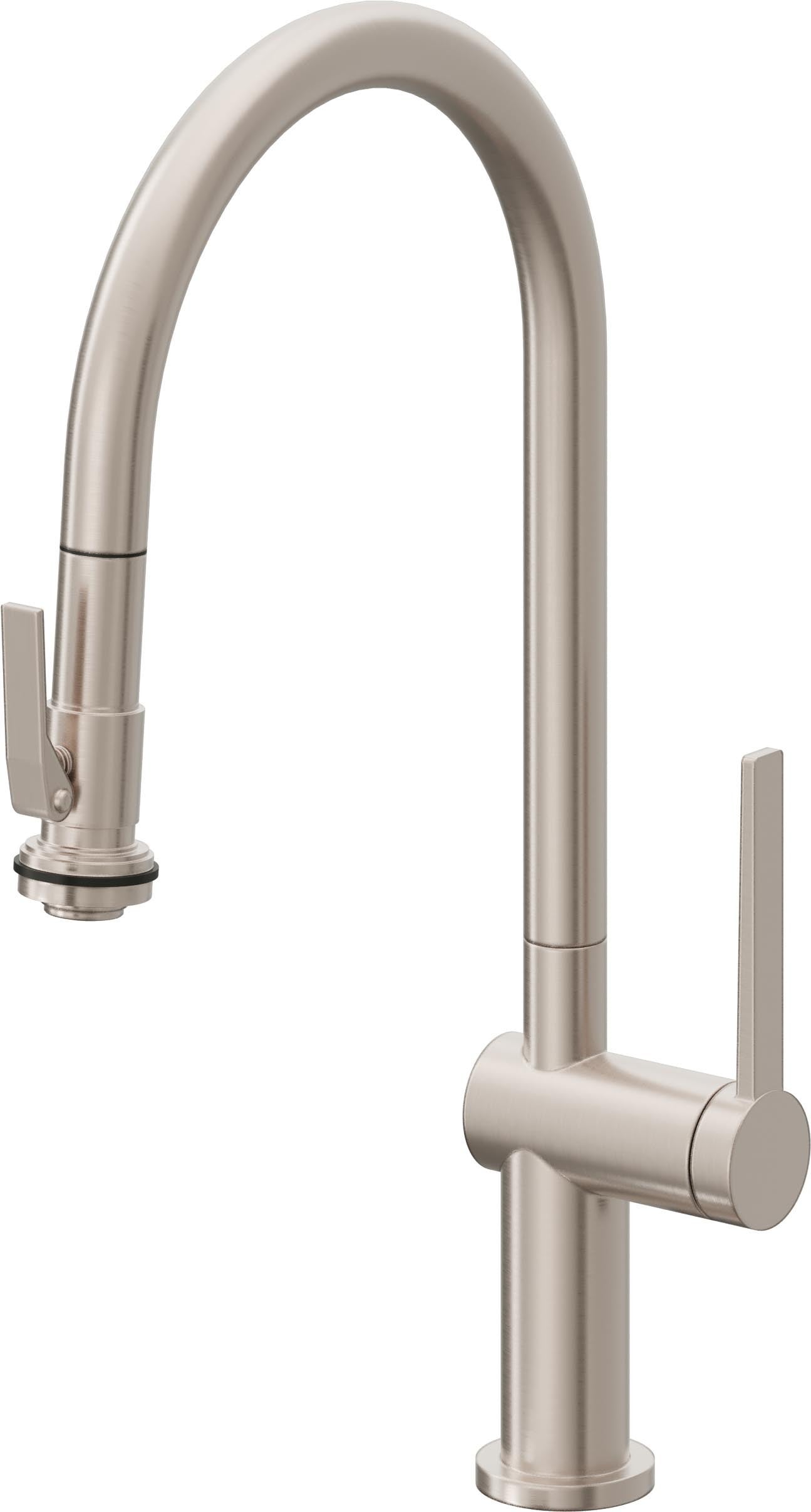 Satin nickel pull-down kitchen faucet with high arc spout, single lever handle, and squeeze sprayer on spout.