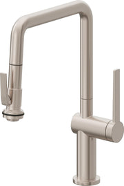 Satin nickel pull-down kitchen faucet with squared U-shaped spout and single lever handle.