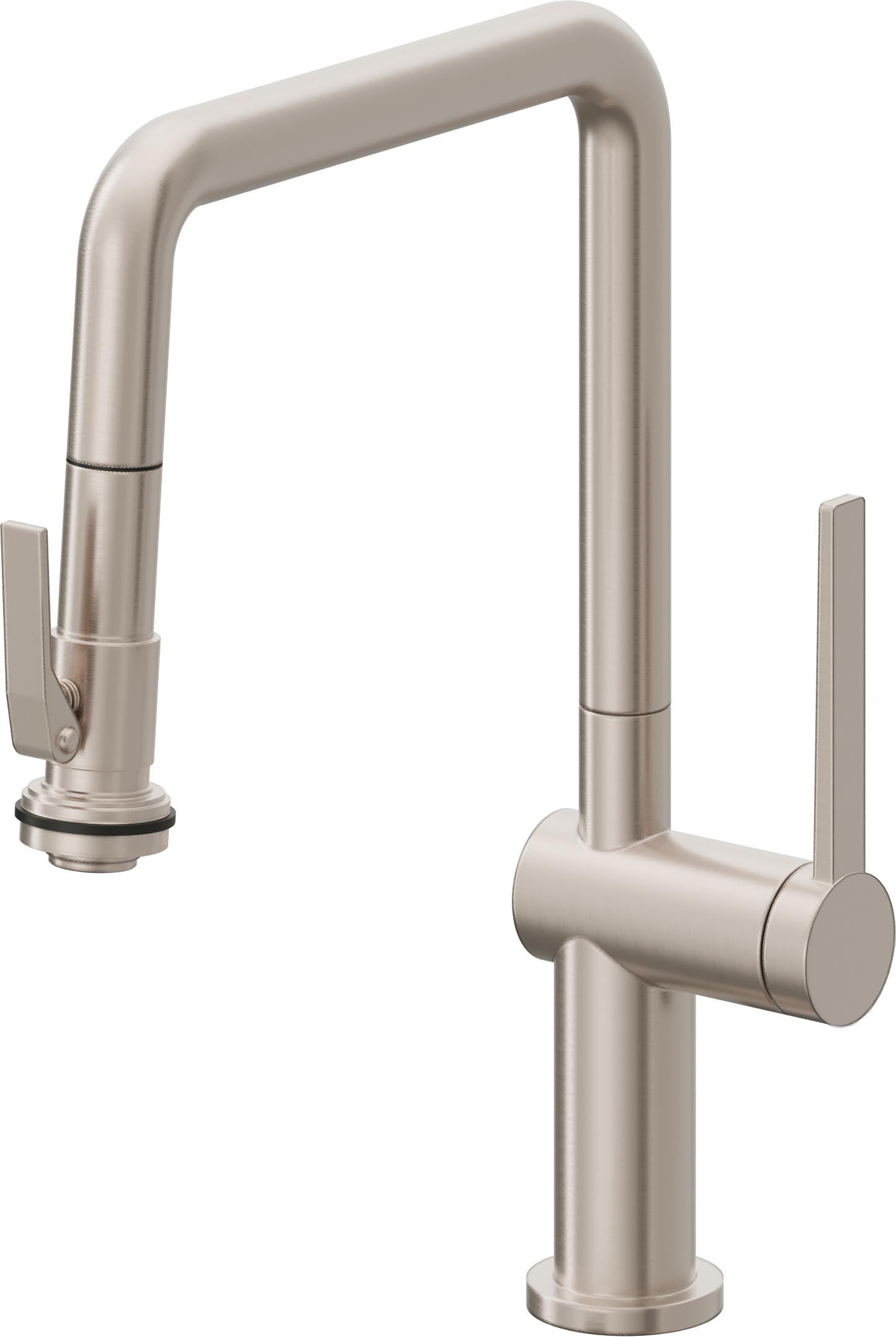 Satin nickel pull-down kitchen faucet with squared U-shaped spout and single lever handle.