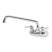 Silver wall-mount faucet with 10-inch spout, dual blue and red handles, and 4-inch center mounting.