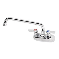 Silver wall-mount faucet with 10-inch spout, dual blue and red handles, and 4-inch center mounting.