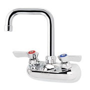 Chrome wall-mount faucet with double bend spout and red and blue control handles.