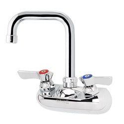 Chrome wall-mount faucet with double bend spout and red and blue control handles.