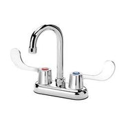 Chrome deck faucet with tall curved spout and two wrist blade handles on rectangular base.