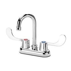 Chrome deck faucet with tall curved spout and two wrist blade handles on rectangular base.